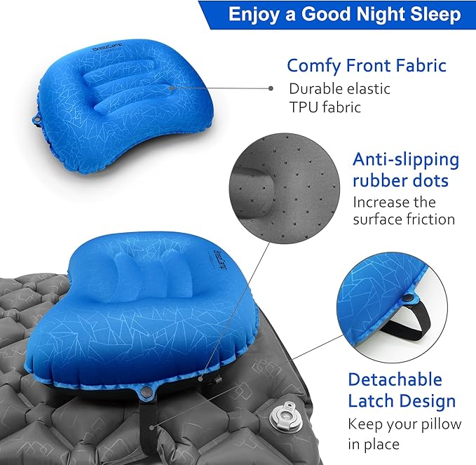 Inflatable Camping Pillow, Travel Blow Up Air Pillow, Neck Lumbar Support Ultralight Compact Pillow for Outdoor Hiking Backpacking Car Beach Airplane Sleeping Essentials, Navy Blue