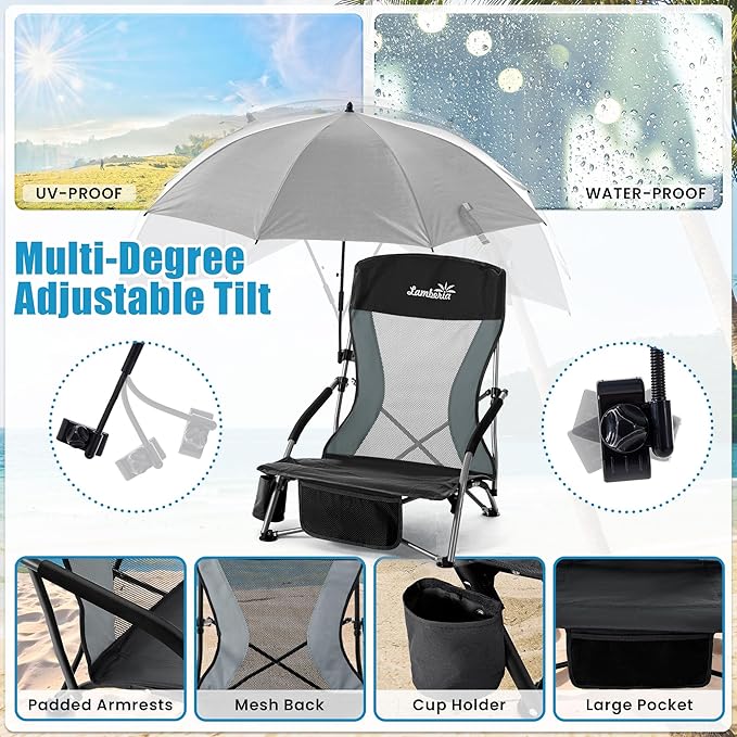 Lamberia Folding Beach Chair with Umbrella for Adults, Portable Low Beach Chairs with 300lbs Capacity, Lightweight Fodable Camping Chair for Travel, Picnic, Concert & Outdoor Activities, Black-Grey