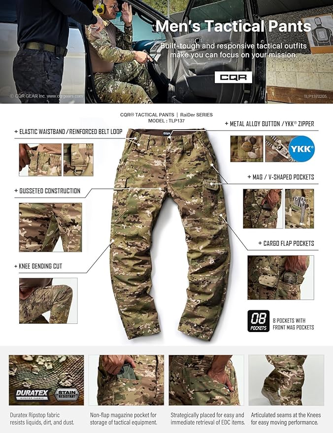 CQR Men's Tactical Pants, Water Resistant Ripstop Cargo Pants, Lightweight EDC Work Hiking Pants, Outdoor Apparel