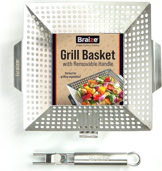 Heavy-Duty Stainless Steel Grill Basket – 12" x 13.75" Large BBQ Basket with Removable Handle – Durable Grilling Basket for Vegetables & Meat – Outdoor Cooking Accessory for Gas & Charcoal Grills