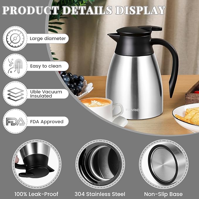 34 Oz Thermal Coffee Carafe, Stainless Steel Insulated Vacuum coffee crafts to keep coffee hot, 1 Liter Tea Water Coffee and Beverage Dispenser (Silver)