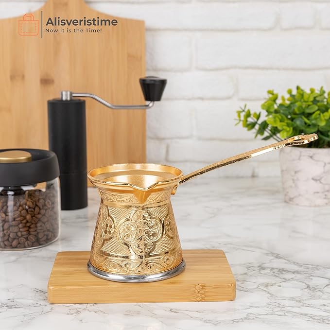 Alisveristime Authentic Turkish Coffee Pot, Handmade Cezve/Ibrik, 3.14-Inch Width, 3.14-Inch Height - 13.52 Ounce Enhance Your Coffee Experience Now! (4 Cup) (Gold)