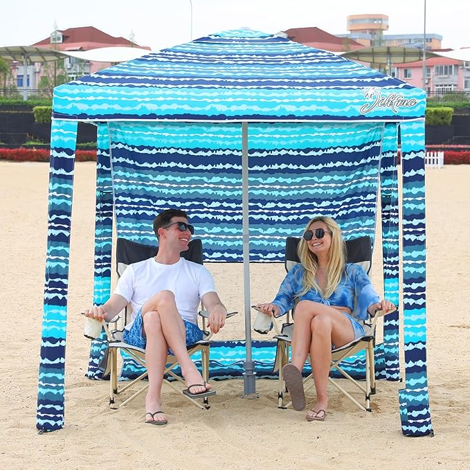 Beach Cabana, 6.2'×6.2' Beach Canopy with Side Wall, UPF 50+ UV Protection Easy Setup Tent Sun Shelter with Sand Pockets for Whole Family (Green Stripes)