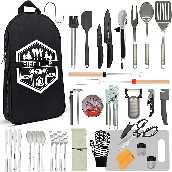 BOMKI Grilling and Camping Cooking Utensils Set for The Outdoors BBQ - Camping Utensil Set Kitchen Set Cookware Accessories Glamping Essentials Camp Stuff Camp Cooking Set (Black Pro)