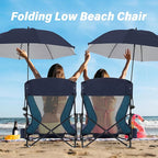 Homcosan Portable Low Folding Beach Chair with Detachable Umbrella - Lightweight Camping Chair for Adults with Cup Holder & Storage Pocket, Carry Bag Included (Navy & Blue)