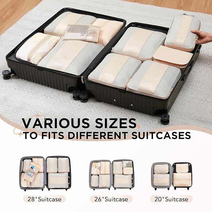 10 Set Compression Packing Cubes for Travel,Luggage Clothes Storage Gifts for Women Mom Her,Airplane/Cruise/Car/Train Travel Essentials,OlarHike Compressible Expandable Saver Space Bags(Beige)