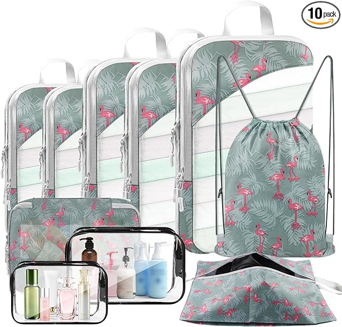 10 Set Compression Packing Cubes, Lightweight Travel Essentials, Stretchable Expandable Storage Bags, Compression Bags for Travel Accessories Luggage Storage Set (Green, 10 set)