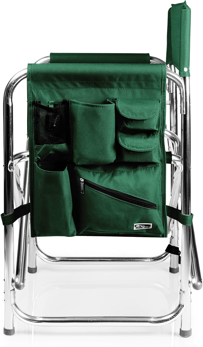 PICNIC TIME Sports Chair with Side Table, Outdoor Foldable Padded Adult Camping Chairs with Cup and Accessory Panel for Lawn, Beach, & Sports Use for Adults, up to 300-lbs Capacity, (Hunter Green)
