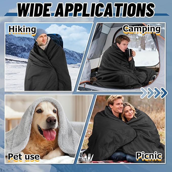 Waterproof Outdoor Stadium Blanket with Sherpa Lining-Washable Windproof Warm Foldable for Camping, Sporting Events, Picnic, Concert, Pet, Travel, Emergency Car Blanket, Gift for Cold Weather (Black)