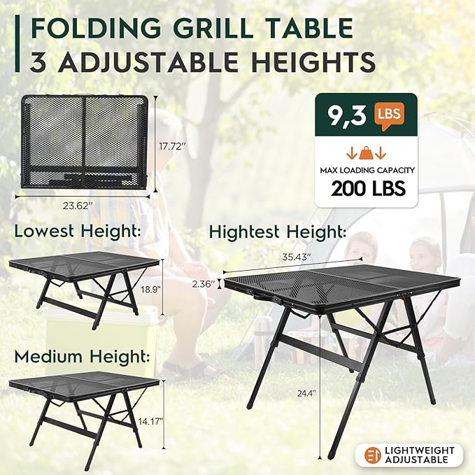 3 FT Folding Grill Table, Portable Camping Table for Outside, 3 Adjustable Height Folding Table with Desktop, Lightweight Outdoor, Camping, Picnic, BBQ