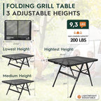 3 FT Folding Grill Table, Portable Camping Table for Outside, 3 Adjustable Height Folding Table with Desktop, Lightweight Outdoor, Camping, Picnic, BBQ