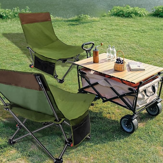 Compact Backpack Beach Chairs 2 Pack with Adjustable Backrest & Side Pocket, Low Folding Camping Chairs for Adults, Portable Reclining Chairs for Beach, Lawn, Travel