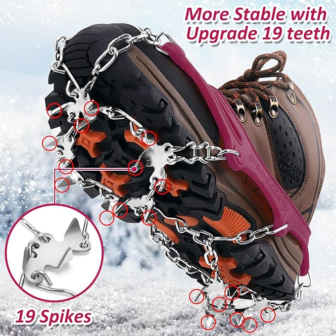 WIN.MAX Crampons for Shoes, Traction Cleats Ice Snow Grips with 19 Stainless Steel Spikes, Shoe Talons Anti - Slip Boots Spikes for Walking, Jogging, Climbing and Hiking