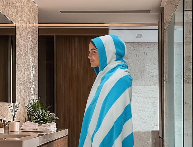 COTTON CRAFT Hooded Beach Towel – Oversized 35 x 70 Towel with Hood for Adults - 100% Cotton Velour Dobby Terry Towel - 450 GSM Pool Bath Wrap - Soft Absorbent Quick Dry – Cabana Stripe Aqua