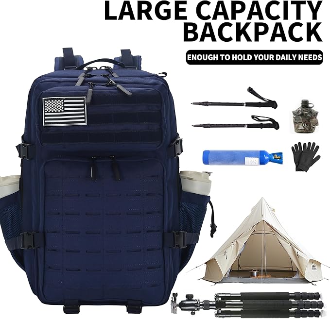 Sparklekle Military Tactical Backpack 45L 3 Day Assault Pack Waterproof Molle Hiking Rucksack for Men and Women (Blue)