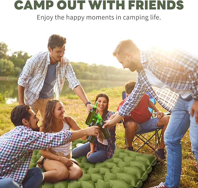 Double Camping Sleeping Pad with Pillow, Built-in Foot Pump Inflatable Sleeping Pad, Ultralight Air Mattress, Durable Waterproof Camping Pad for for Tent, Backpacking, Hiking