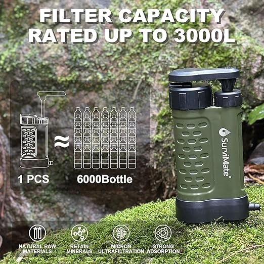 SurviMate Water Purifier Survival Pump，Replacement Cartridge，0.01 Micron 5-Stage Water Purifier System，Hand Pump Water Filter Portable Outdoor Emergency，Camping, Hiking, Backpacking