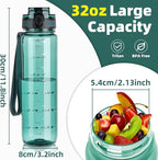 OLDLEY 32 oz Water Bottle, Motivational Water Bottle with Time Marker, Sports Water Bottle With Strap, Leakproof & BPA Free Large Water Bottles for School, Gym, Travel, Tritan, Transparent Dark Green