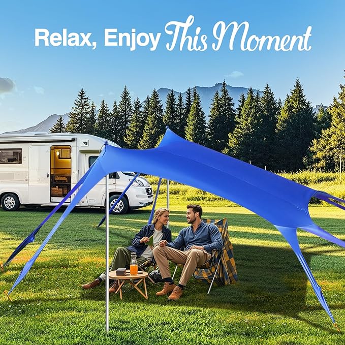 Rhino Valley Beach Tent Shade Canopy UPF50+ Protection, 8 Sandbags, 4 Stability Poles, Outdoor Sun Shelter Umbrella for Sand, Camping, Fishing Essentials