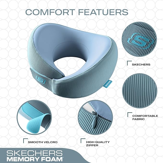 Skechers Memory Foam Neck Pillow, Comfortable & Breathable Travel Pillow,Neck Pillow Airplane for Travel, Car Rides, Home, and Office Use, Ergonomic Design for Men and Women,Light Blue