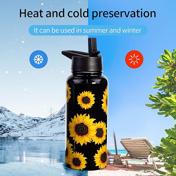 32oz Sunflower Vacuum Insulated Stainless Steel Water Bottles with Straw & Spout Lids, Double Wall Sport Bottle, Sweat-Proof BPA Free, Canteen Metal Thermo Mug Hydro Cup Jug, Sunlfower Gift