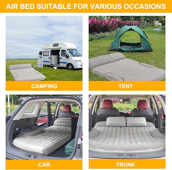 KMZ SUV Air Mattress Thickened and Double-Sided Flocking Travel Camping Bed with 2 Pillows & Electric Pump Dedicated Mobile Cushion Inflatable Bed for SUV Trunk and Rear Seat (Light Gray)