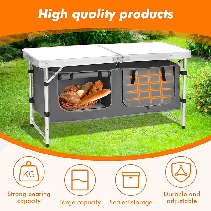 Camp Field Camping Folding Aluminum Table with Adjustable Legs for Outdoor Travel Beach, Backyards, BBQ, Party and Picnic Foldable Table