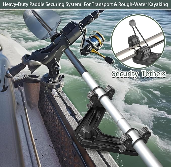 DoubleHeader Kayak Track Paddle Holder, Save Kayak Track Space, Kayak Paddle Clip, Kayak Track Mount Accessories, Kayak Oar/Fishing Net/Gaff Holder for Fishing, Kayak Fishing Accessories