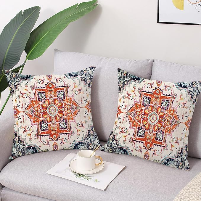 Outdoor Waterproof Pillow Covers 18 x 18 Inch Set of 2 Orange Bohemian Vintage Carpet Pattern Pillow Covers Ethnic Design Decorative Farmhouse Pillow Covers for Couch Garden Balcony, Boho-7