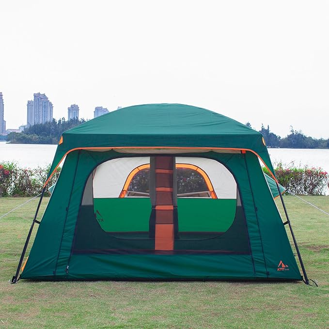 KTT Large Family Cabin Tent 10-12 Person,14.1X10X6.58ft,2 Rooms,3 Storage Pockets,2 Bay-Windows 3 Doors and 3 Windows with Mesh,Straight Wall,Waterproof,Double Layer,Big Tent for Outdoor,Camping