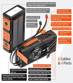 Solar Power Bank Dual Magnetic Wireless Charging, Built-in 2 Retractable Cables & Hand Crank and 22.5W Fast Charge, SOS/Strobe/Strong Flashlights