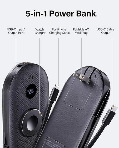 10000mAh Power Bank for iPhone 17 Pro/17/Air/16/15, Portable Charger for Apple Watch, for AirPods, iPad, Beats Studio Pro and More Phones, Tablets, Headphones, Built-in AC Wall Plug and Cables
