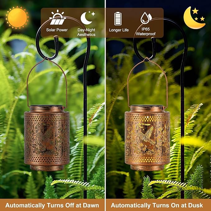 Solar Lanterns Outdoor Waterproof Hummingbird and Iris Garden Decor Gifts for Women Hanging Solar Lights with Metal Design Warm Light for Patio Yard Porch