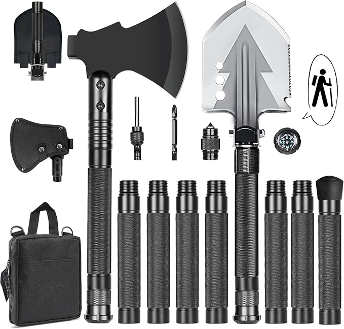 GOJAWAY 20 in 1 Multitool Survival kit, Camping Shovel Military Axe, 55" Trekking Pole Foldable Spade with Portable Bag and Hatchet, for Car Emergency Offroad Entrenching Tool