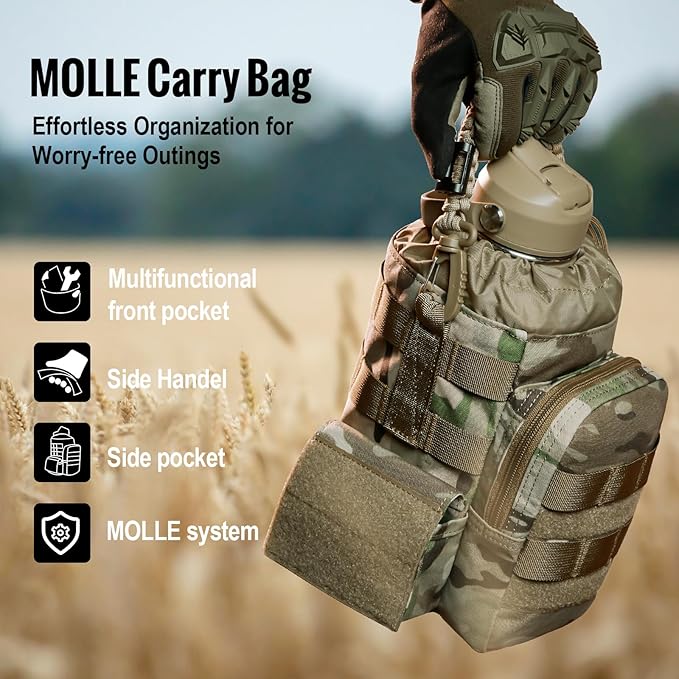 OneTigris Tactical Half Gallon Water Bottle with Straw - 64 oz Vacuum Insulated Stainless Steel Water Jug, Leakproof Sport Bottle with 3 BPA Free Lids, Paracord Handle & MOLLE Water Pouch for Outdoor