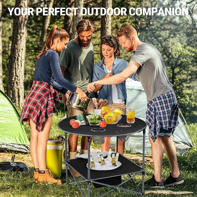 Portable Lightweight Folding Camping Table with Cooler and 4 Large Cup Holders Collapsible Picnic Camp Table Foldable Outdoor Table with Carry Bag for BBQ Tailgating Beach RV Travel Hiking