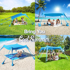 Rhino Valley Beach Tent Shade Canopy UPF50+ Protection, 8 Sandbags, 4 Stability Poles, Outdoor Sun Shelter Umbrella for Sand, Camping, Fishing Essentials
