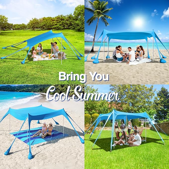 Rhino Valley Beach Tent Shade Canopy UPF50+ Protection, 8 Sandbags, 4 Stability Poles, Outdoor Sun Shelter Umbrella for Sand, Camping, Fishing Essentials