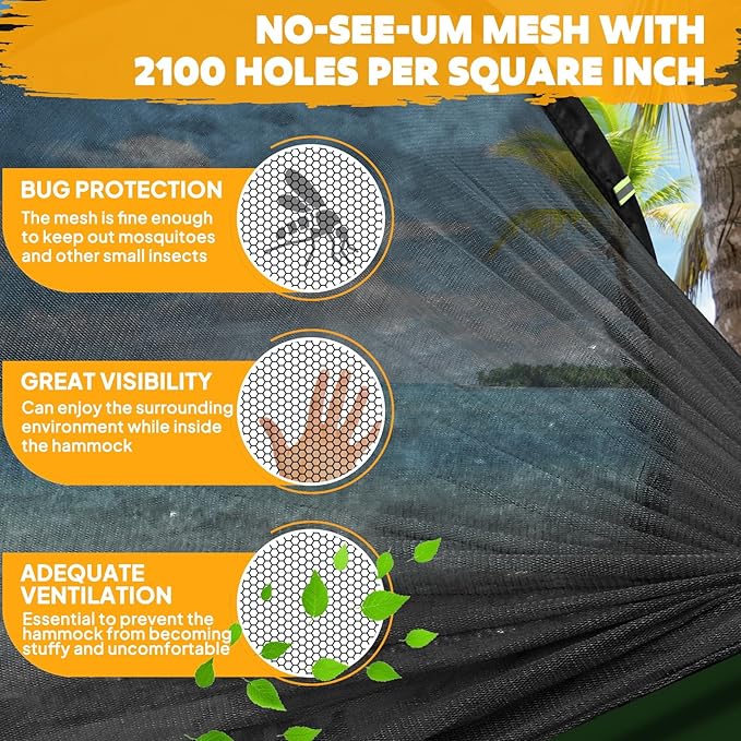 Chihee Ultra-Light Travel Camping Hammock Pop-up Net Hammock 660lbs Load Capacity,Breathable,Quick-Drying Parachute Nylon 2 Premium Carabiners,2 Tree Slings Included for Outdoor Backpacking Hiking