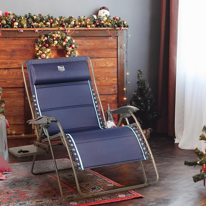 TIMBER RIDGE Oversized Zero Gravity Chair, 33In Wide XXL Zero Gravity Reclining Chair with Side Table, Full Padded Lounge Chair for Outdoor Camping Patio Lawn, Heavy Duty Supports 500lbs, Blue-1 Pack