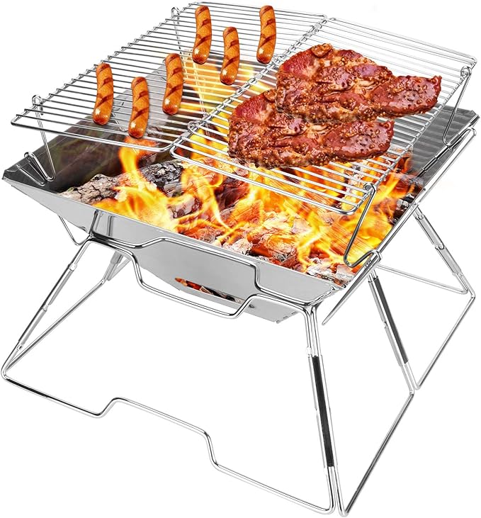 Odoland Folding Campfire Grill, 304 Stainless Steel Grate Barbeque Grill, Portable Camping Grill with Legs for Picnics, Backpacking, Outdoor with Carrying Bag and Kitchen Tongs