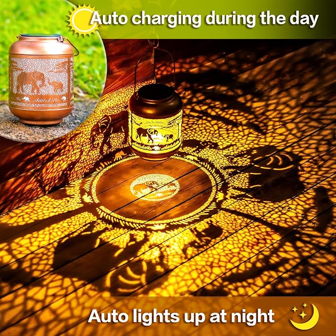 Elephant Solar Lanterns Outdoor Waterproof Hanging Solar Lights Elephant Gifts for Women/Men/Elephant Lovers Gifts Metal Decorative LED Elephant Lanterns for Garden Decor,Patio,Lawn,Pathway,Yard