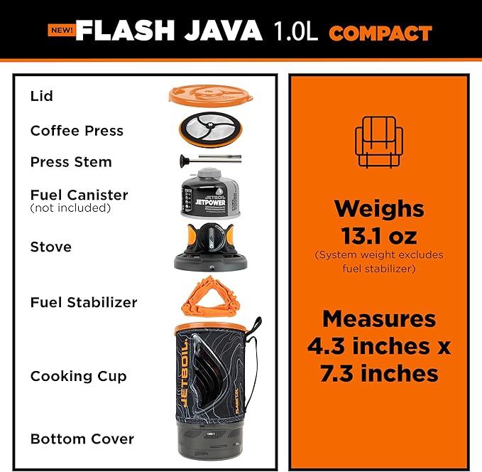 Jetboil Flash Java 1.0L Portable Fast Boil Stove with Silicone French Press and 1-Step Auto Ignition for Camping and Backpacking, New for 2025, Propane/Isobutane Burner with Cooking Cup, Topo