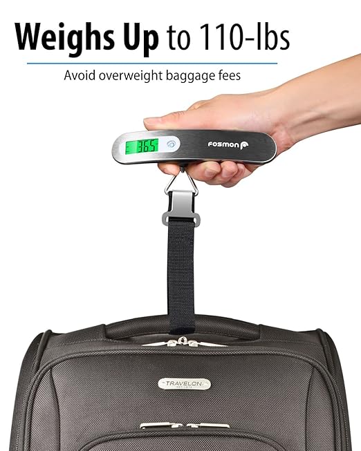 Fosmon Digital Luggage Scale, Digitial LCD Display Backlight Baggage Scale with 110lbs Capacity, Portable Stainless Steel Hanging Luggage Weight Scale with Tare Function for Travelers - Silver