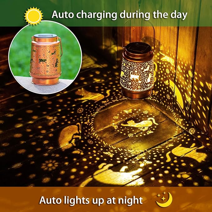 Cat Solar Lanterns Outdoor Waterproof Hanging Solar Lights Cat Gifts for Women Men Metal Decorative LED Cat Lanterns for Garden Decor,Yard,Patio,Lawn,Tabletop,Pathway,Landscape