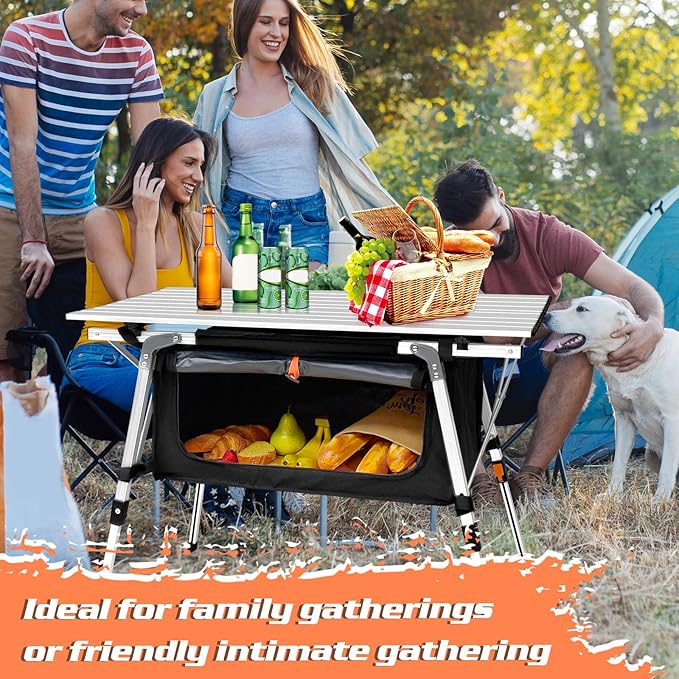 35IN Aluminum Camping Table with Large Storage Bag, Portable Roll-Up Folding Camp Table Adjustable Height Outdoor Kitchen for Camping Picnic Beach