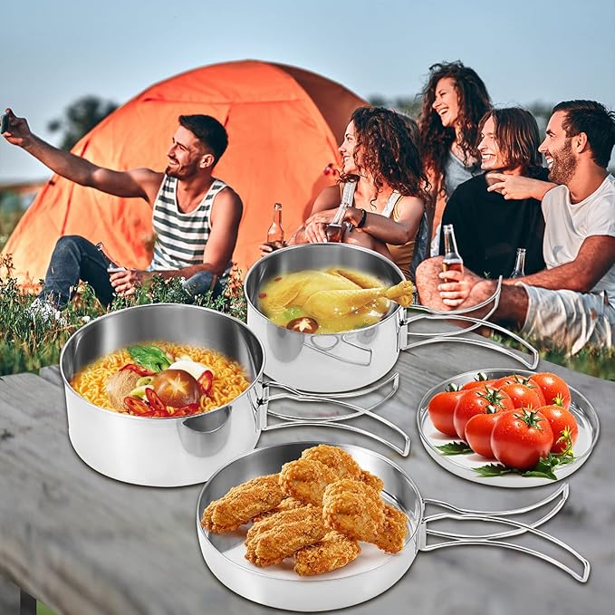 Camping Pots Pans, 4Pcs Portable Foldable Stainless Steel Combination Pot Cookware Set Camping Kitchenware Picnic Outdoor Pan Pot Plate Tableware Backpacking Gear for Camping Hiking Picnic