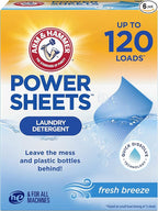 ARM & HAMMER Power Sheets Laundry Detergent, Fresh Breeze Scent, Dissolves in All Wash Temps, Lightweight and Travel-Ready, 60ct, Up to 120 Small Loads (Pack of 6)