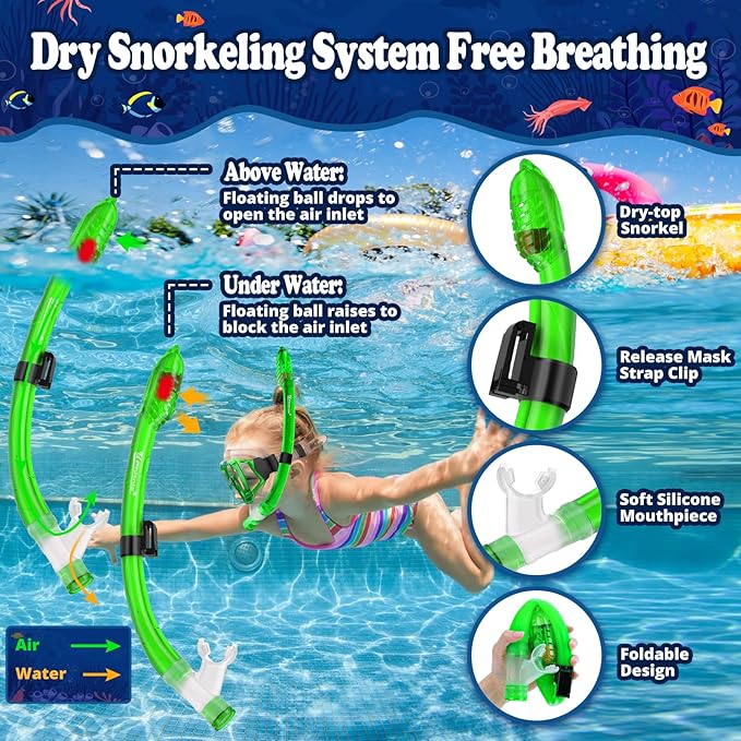 U PHITNIS Kids Snorkel Set for Age 4-14 - Dry Top Snorkeling Gear for Kids Junior & Youth - Childs Diving Mask with Big Eyes for Boys Girls - Anti-Fog Snorkeling Mask and Snorkel Set