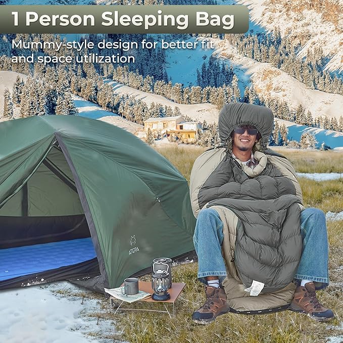 ATEPA Down Sleeping Bag, 700FP Mummy Cold Weather Ultralight 3 Season Compact Packable Waterproof Sleeping Bag with Stuff Sack for Backpacking Camping Hiking Traveling